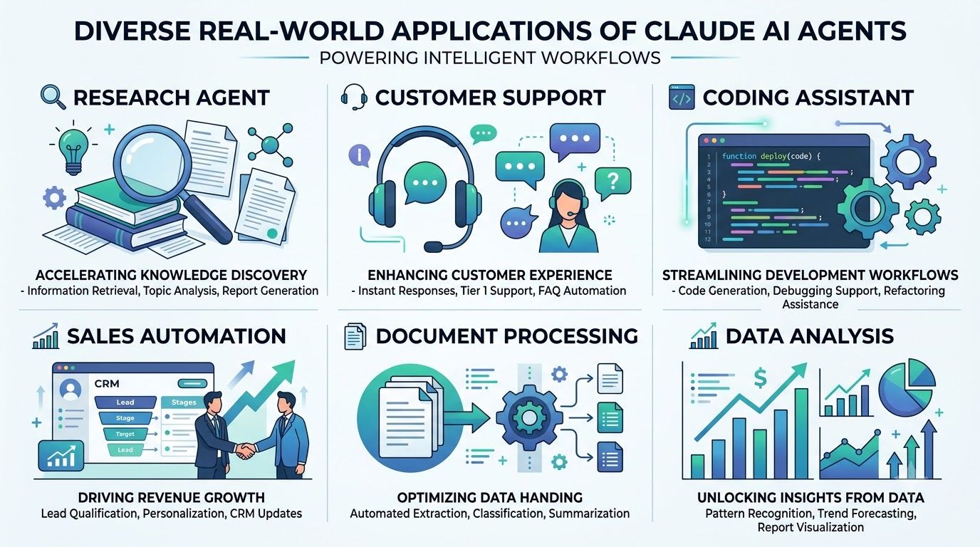 An infographic showcasing various real-world applications of Claude AI agents, including research, customer support, coding, sales, document processing, and data analysis.