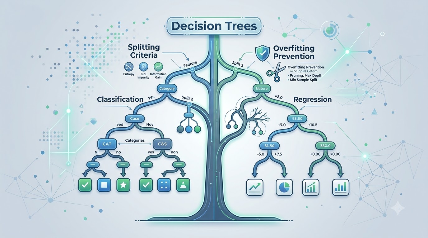 A comprehensive diagram illustrating a decision tree, showing root, internal, and leaf nodes with branches, alongside text labels for classification, regression, splitting criteria, and overfitting prevention.
