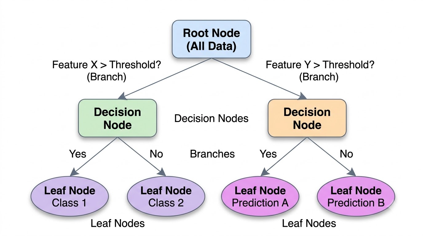 A conceptual diagram showing the basic structure of a decision tree with a root node, internal decision nodes, branches, and leaf nodes.