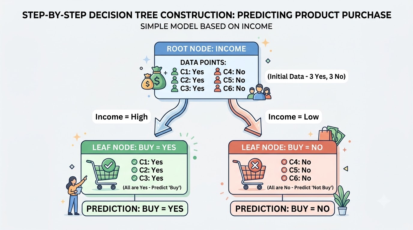 A step-by-step decision tree diagram illustrating how 'Income' is chosen as the root node, leading to 'Buy=Yes' for high income and 'Buy=No' for low income.