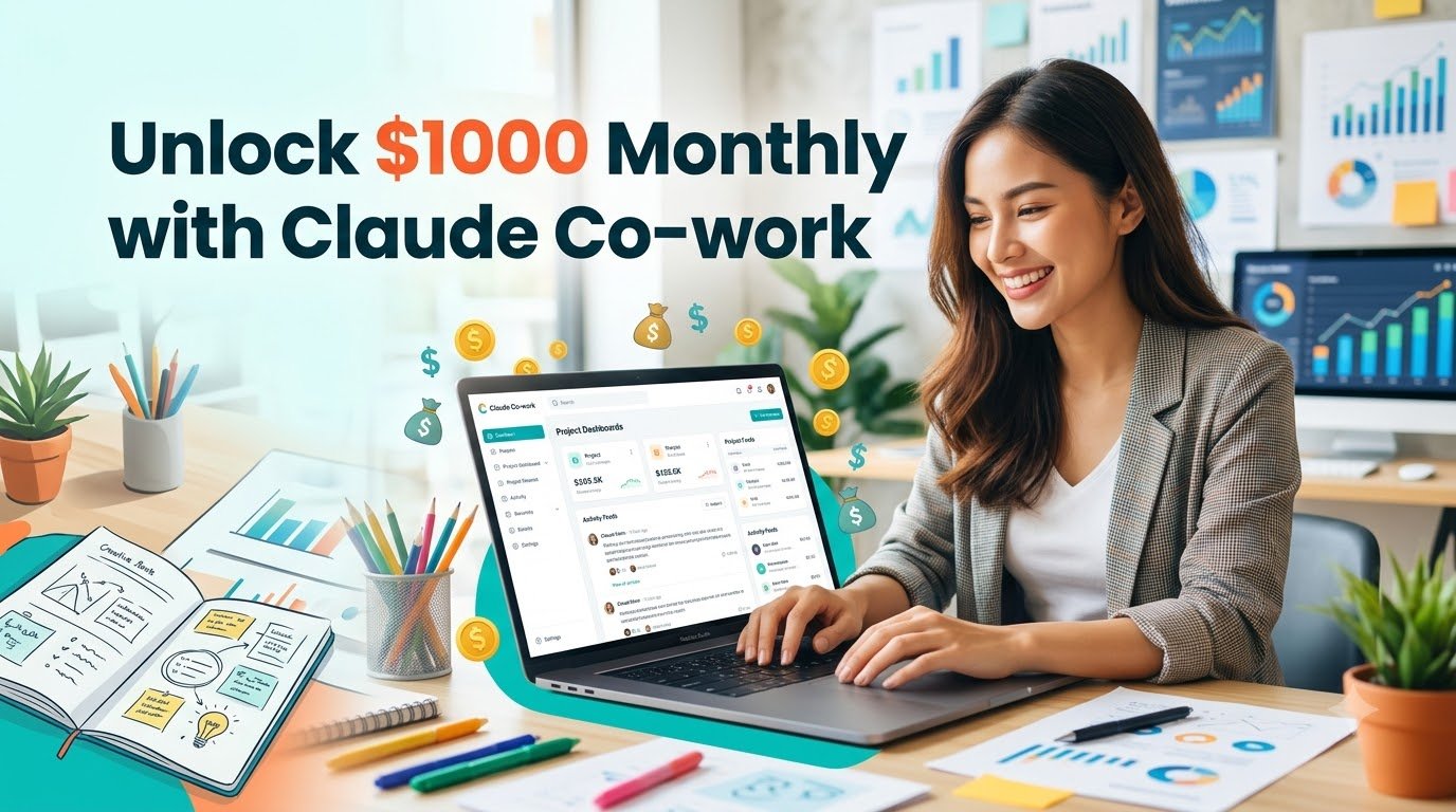 A person using Claude Co-work on a laptop, surrounded by money symbols, illustrating how to earn $1000 monthly through AI-powered business.