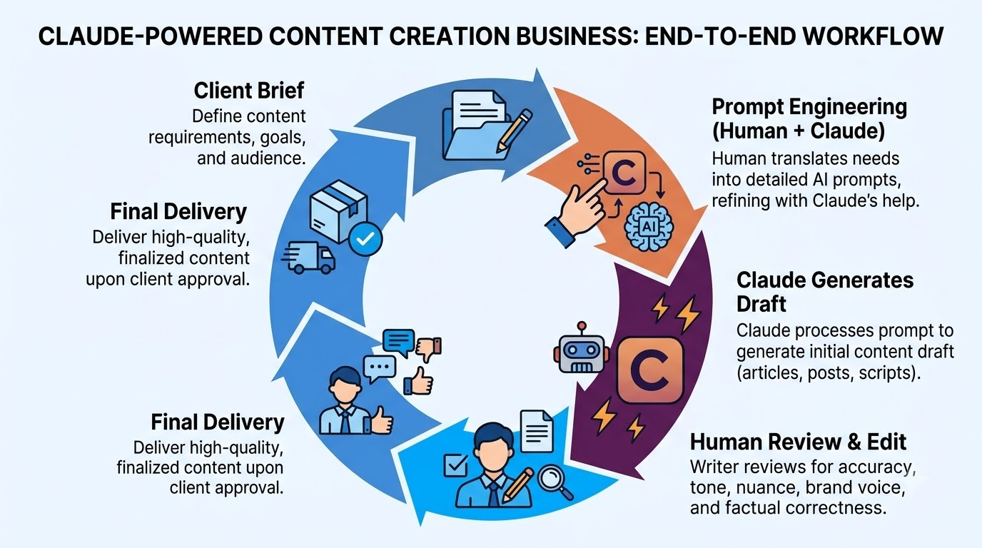 Diagram illustrating the workflow of an AI-assisted content creation business, from client brief to final delivery, highlighting human and Claude Co-work interactions.