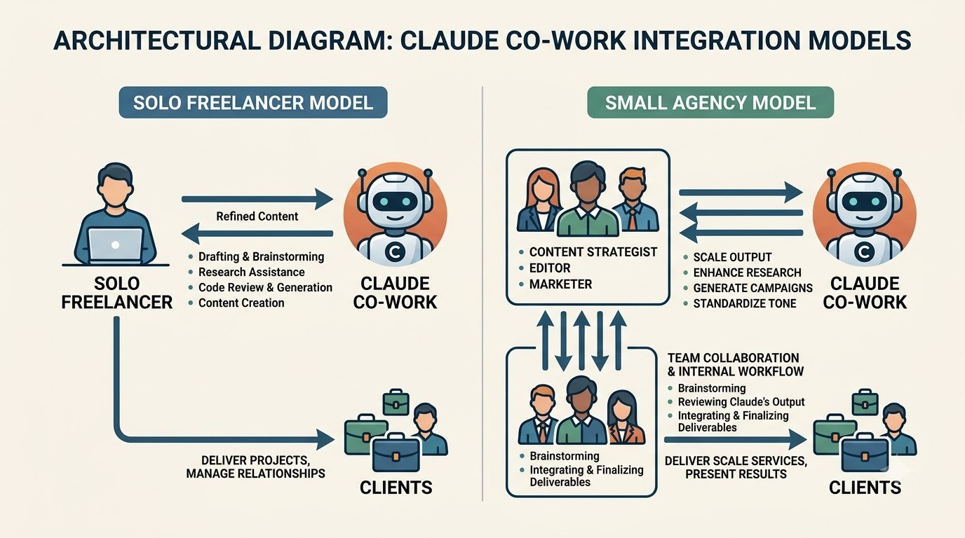 Architectural overview comparing a solo freelancer model and a small agency model for a Claude-driven content creation business.