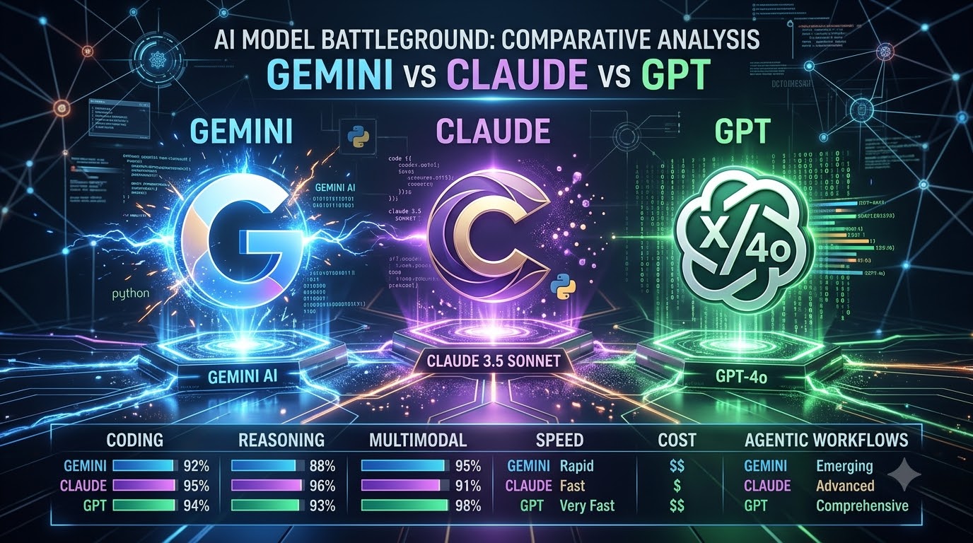 A dynamic visual comparison of Gemini, Claude, and GPT models on a digital battleground, highlighting their strengths in coding, reasoning, multimodal, speed, cost, and agentic workflows.