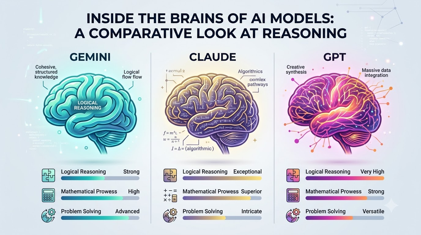 An infographic showing three stylized brain icons representing Gemini, Claude, and GPT, highlighting their logical reasoning, mathematical prowess, and problem-solving capabilities.