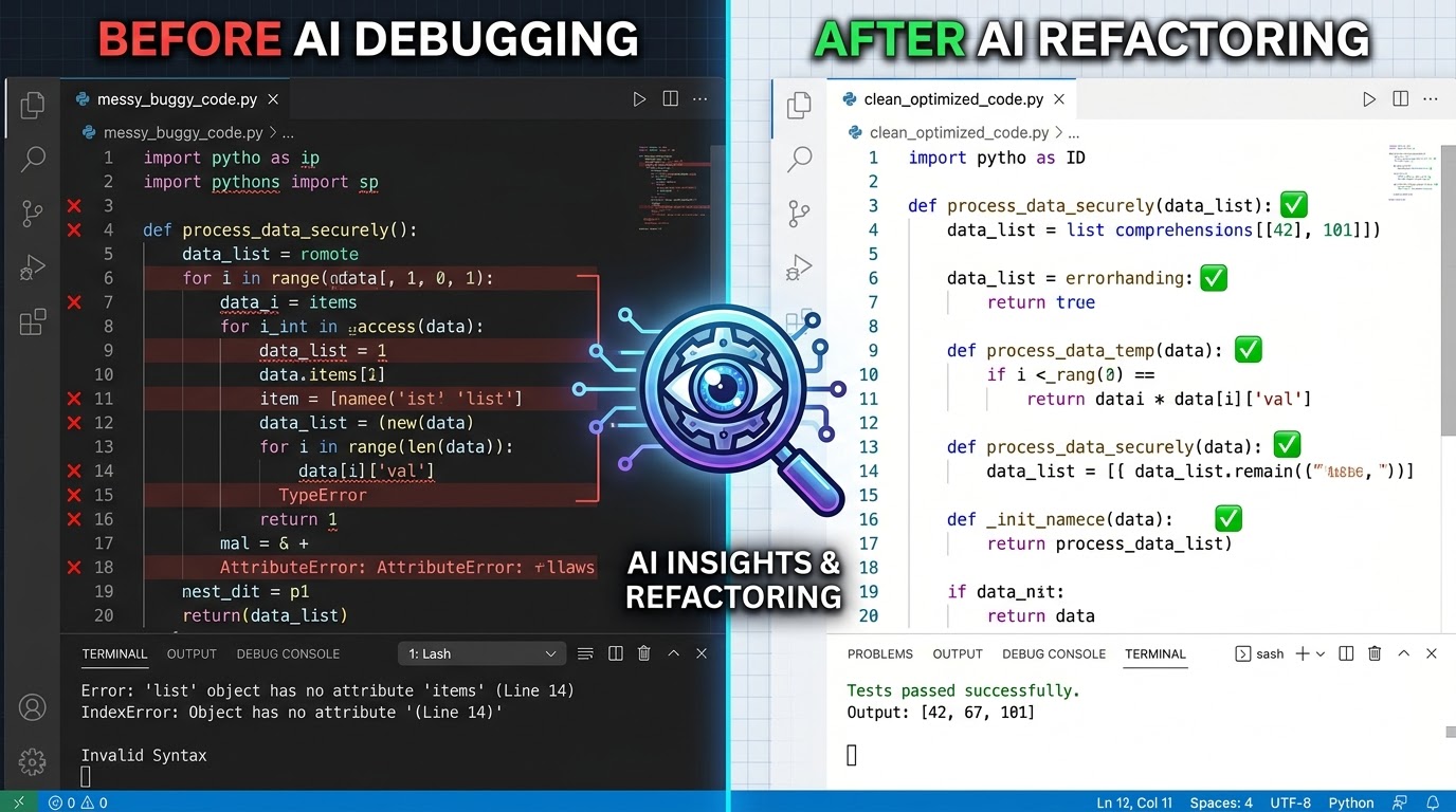A split-screen image showing buggy code on one side and refactored, correct code on the other, with an AI debugging icon in the middle.