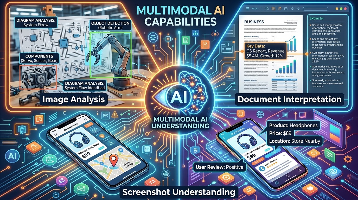 A vibrant collage illustrating multimodal AI, with sections for image analysis, document interpretation, and screenshot understanding, connected by a central AI icon.