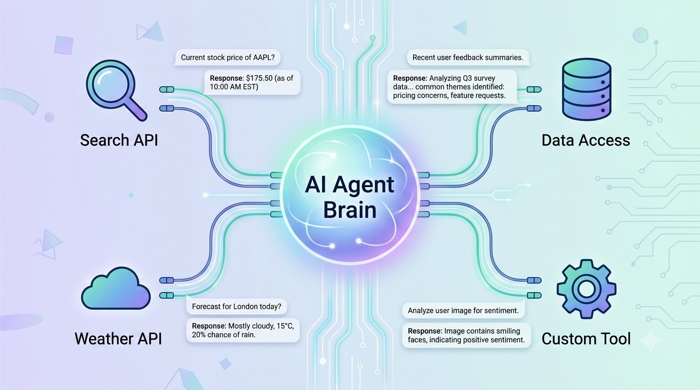 An abstract diagram showing an AI agent brain connected via data streams to various external tool icons like Search API, Weather API, Data Access, and Custom Tool.