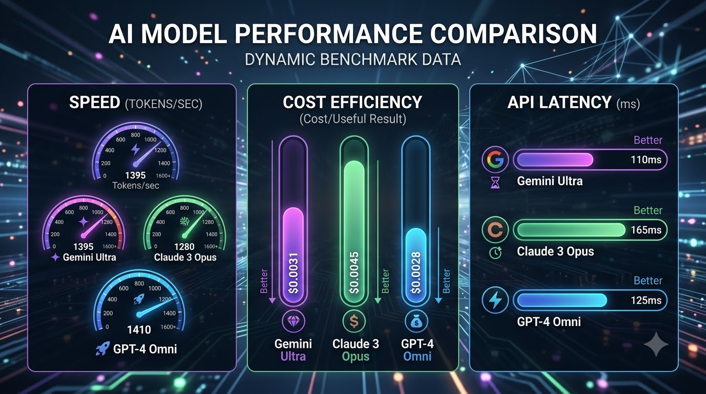 A dynamic bar chart comparing the speed, cost efficiency, and API latency of Gemini, Claude, and GPT models.
