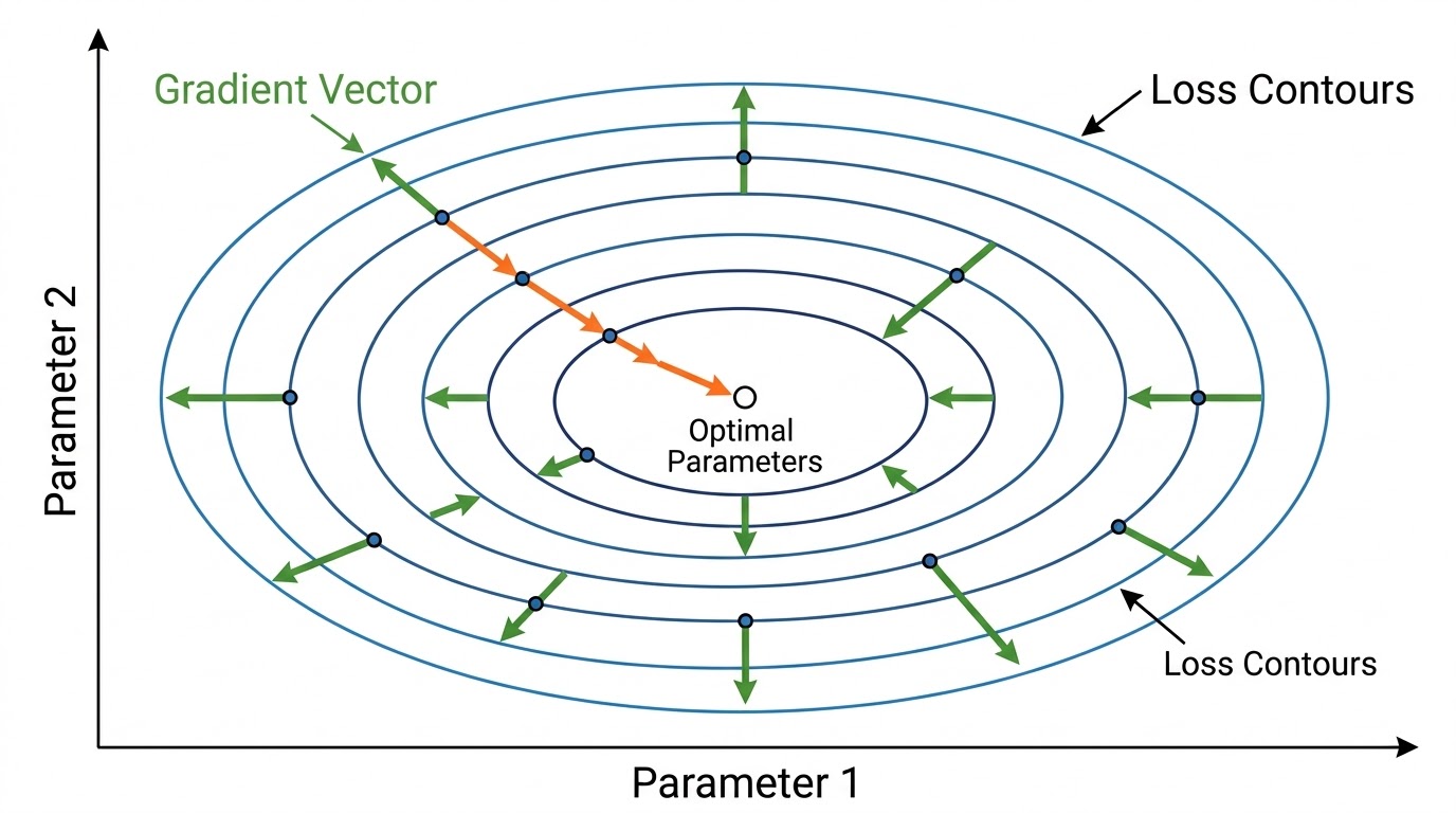 A contour plot of a loss function showing gradient vectors pointing towards the steepest descent, illustrating how Gradient Descent navigates the error landscape.