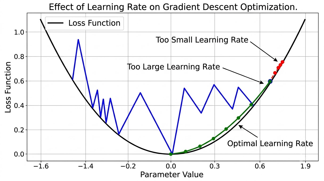 A 2D plot illustrating the effect of different learning rates on Gradient Descent convergence, showing paths for too small, too large, and optimal learning rates.