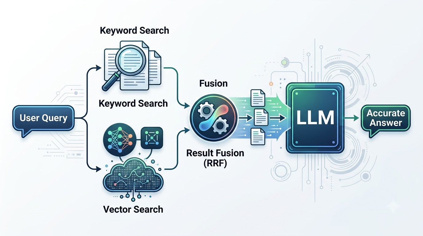 A diagram illustrating the hybrid search process in a RAG pipeline, showing keyword and vector search combining results before feeding into an LLM.