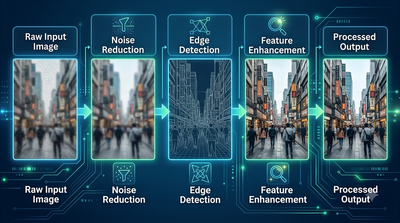 Diagram illustrating the complete image processing workflow from raw input to enhanced output for computer vision.