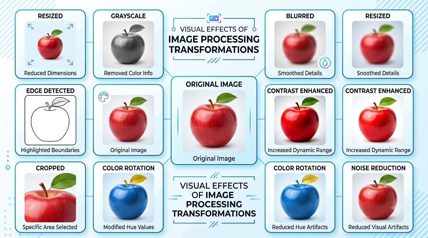 Grid of images demonstrating various image processing techniques like resizing, grayscale, blur, edge detection, and contrast enhancement on a sample image.