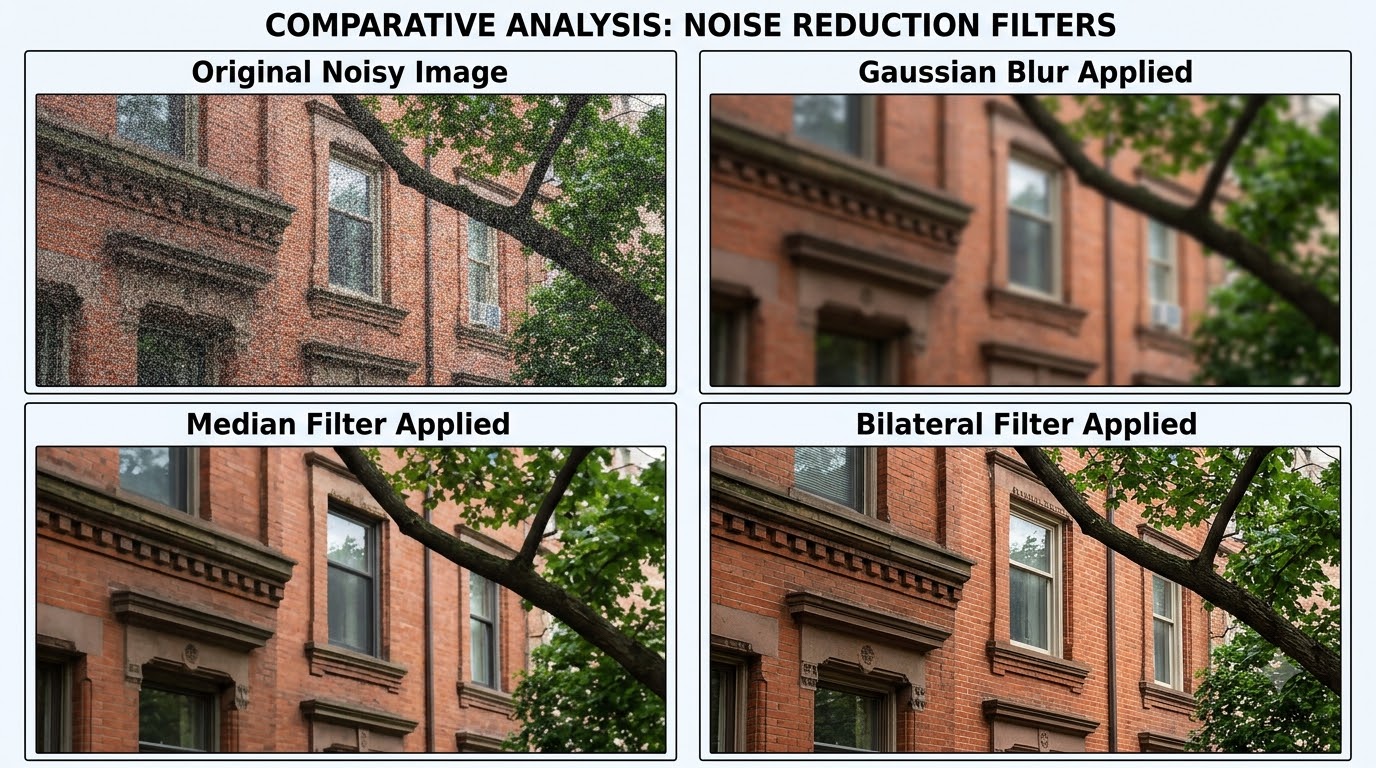 Comparison of noise reduction techniques: original noisy image, Gaussian blur, median filter, and bilateral filter.
