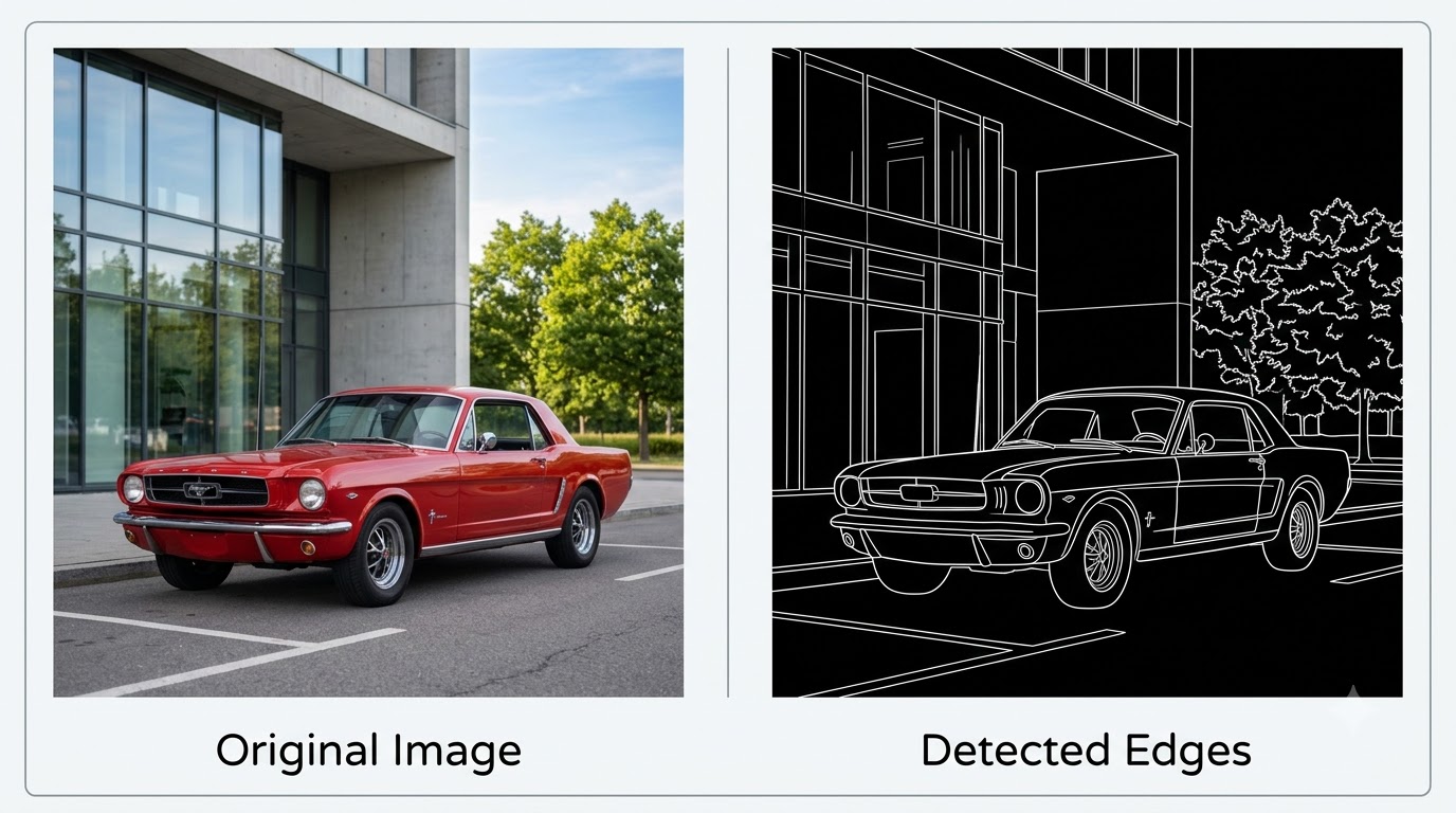 Original image compared with its detected edges using a Canny algorithm, highlighting object boundaries.
