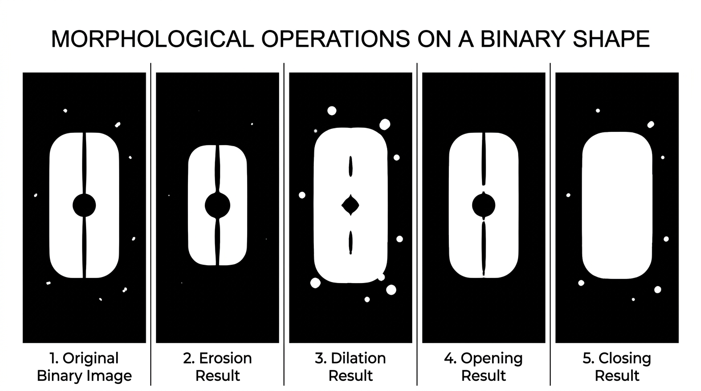 Demonstration of morphological operations: original binary shape, erosion, dilation, opening, and closing.