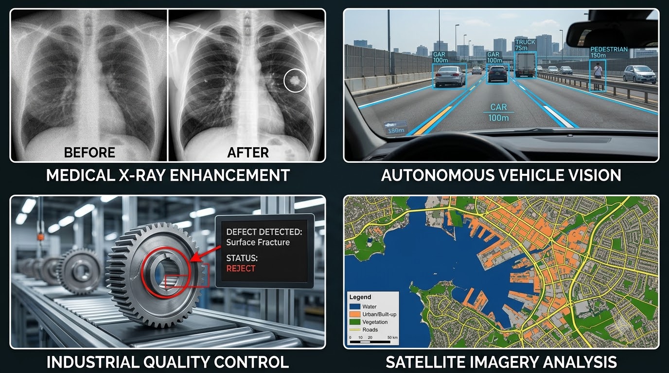 Collage of real-world applications of image processing: medical imaging, autonomous vehicles, industrial quality control, and satellite analysis.