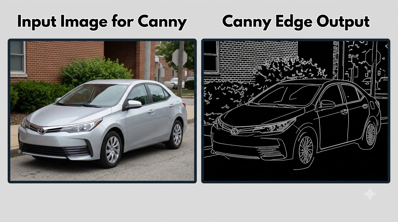 Input image and its corresponding Canny edge detection output, demonstrating the result of the Python code example.