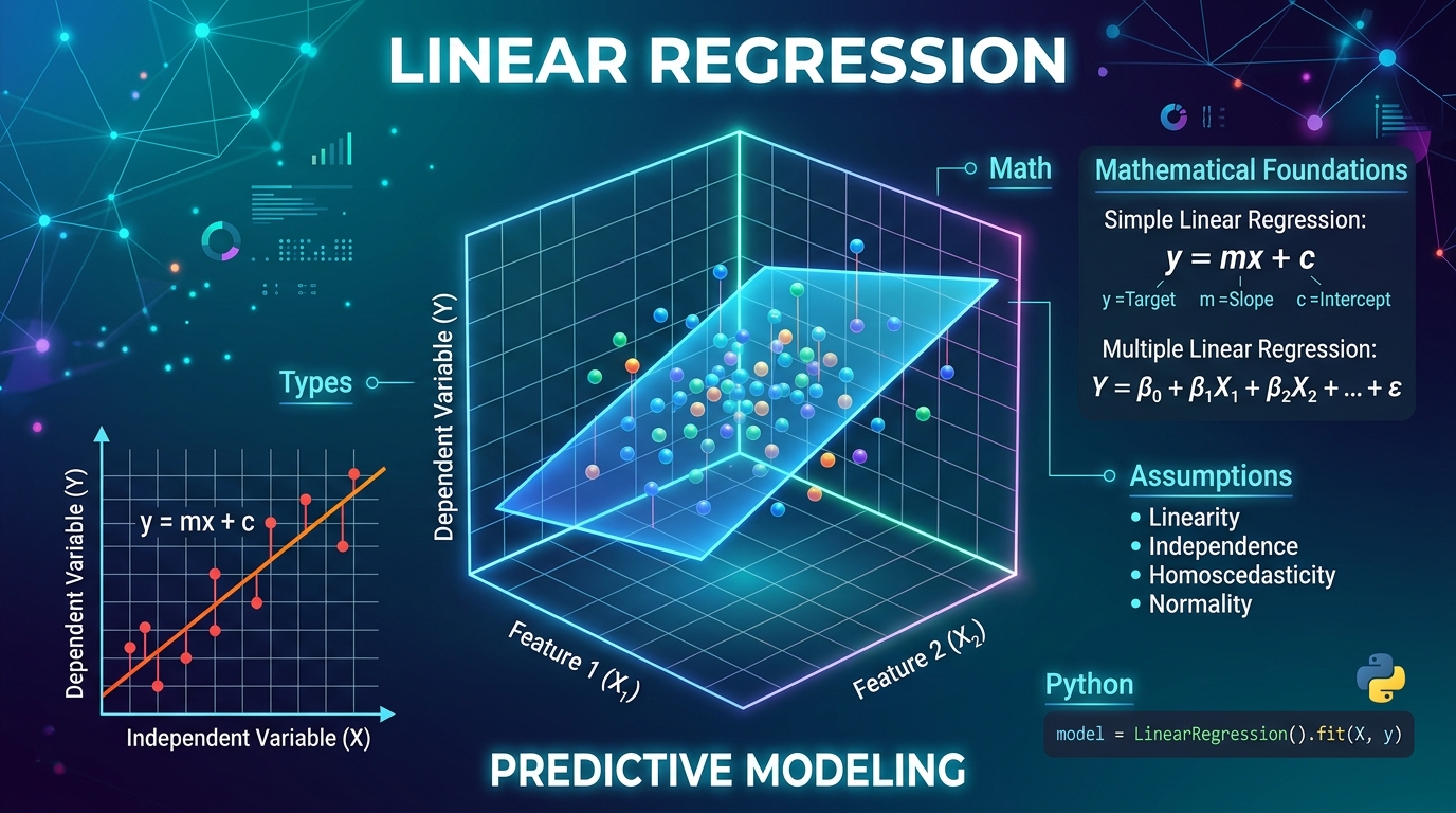 A comprehensive visual overview of Linear Regression, showing 2D and 3D data plots with best-fit lines/planes, mathematical equations, and key concepts like types, math, assumptions, and Python implementation.