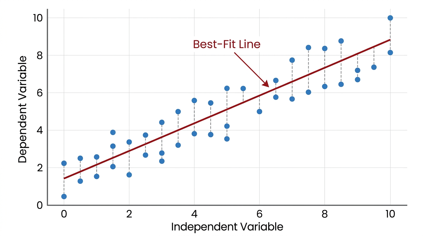 A scatter plot illustrating Linear Regression with data points and a best-fit line, showing how the line models the relationship between independent and dependent variables.