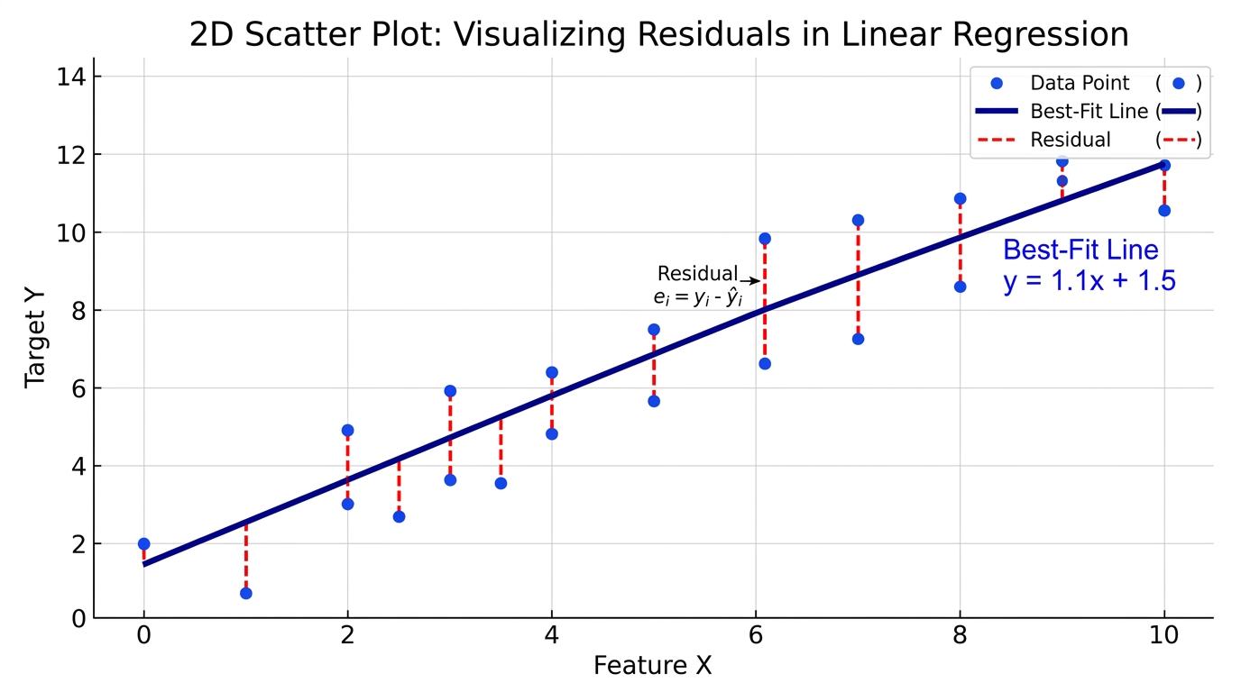 A scatter plot showing data points, a best-fit line, and the vertical distances from each point to the line, which represent the residuals or prediction errors.