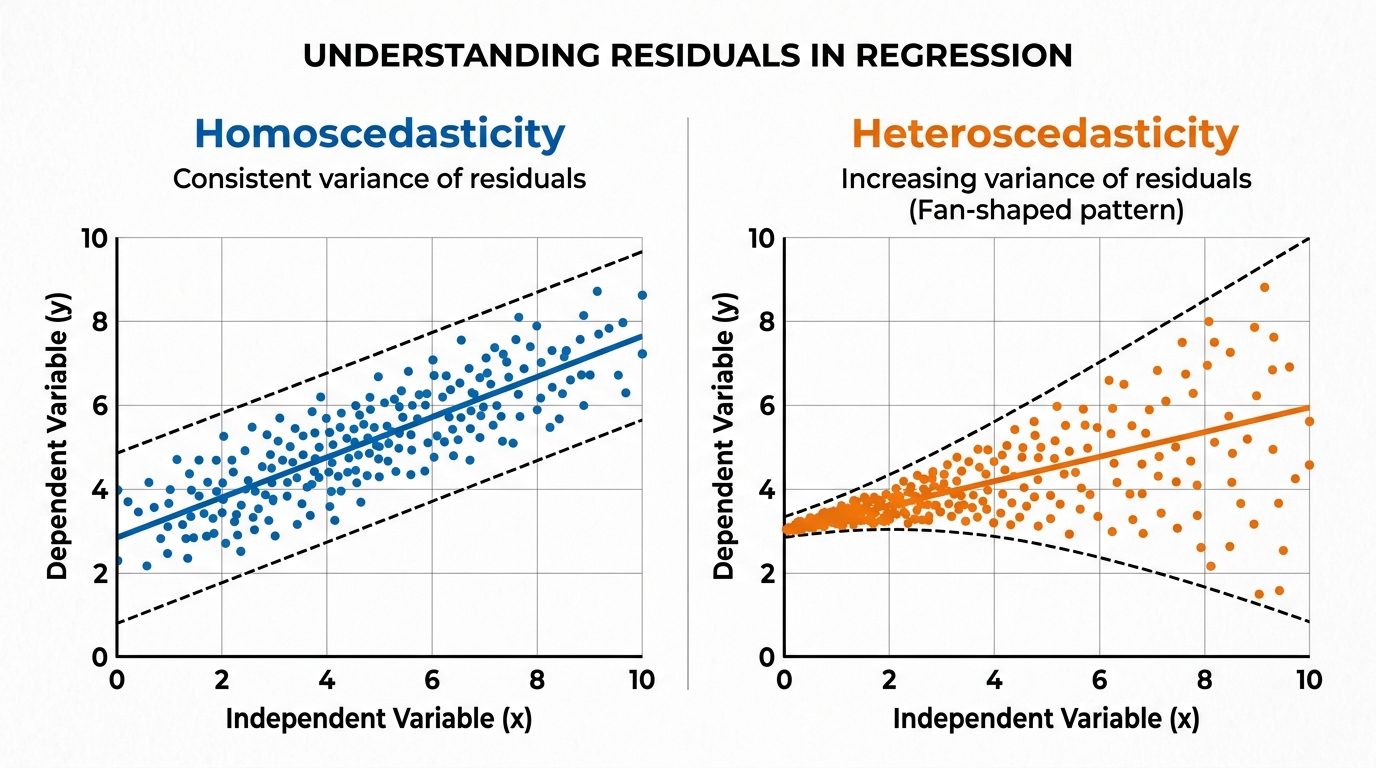 A comparison of homoscedasticity and heteroscedasticity in residual plots, showing constant versus non-constant variance of errors around the regression line.