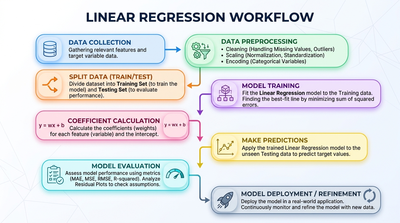 A flowchart detailing the step-by-step process of building a Linear Regression model, from data collection to model evaluation and deployment.