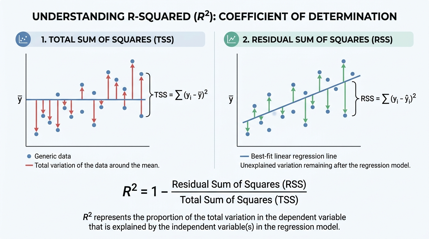 A diagram explaining the R-squared concept by comparing the total variance of the dependent variable to the variance unexplained by the regression model.
