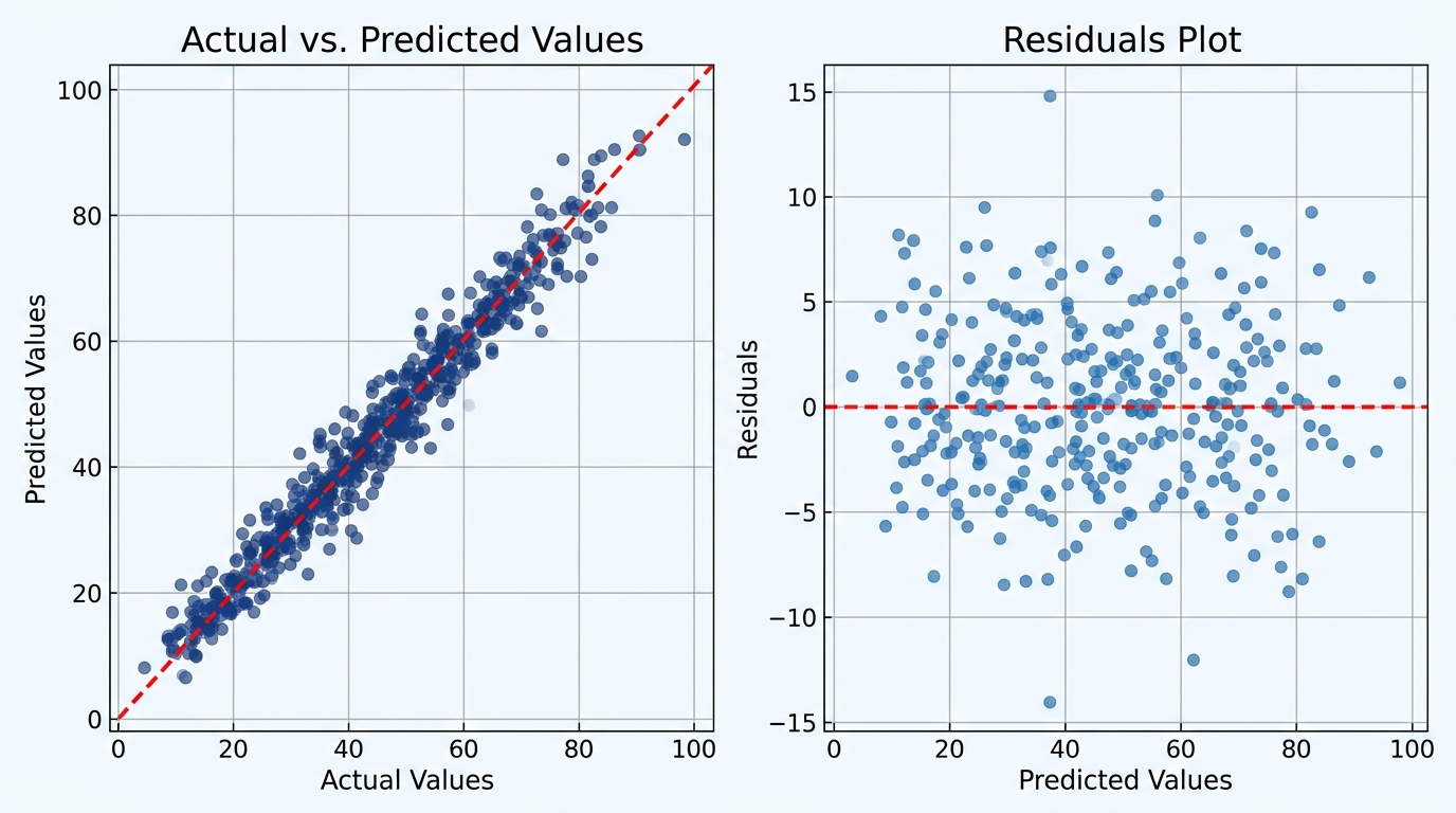 A visualization showing actual vs. predicted values and a residuals plot, used to assess the performance and assumptions of a Linear Regression model.