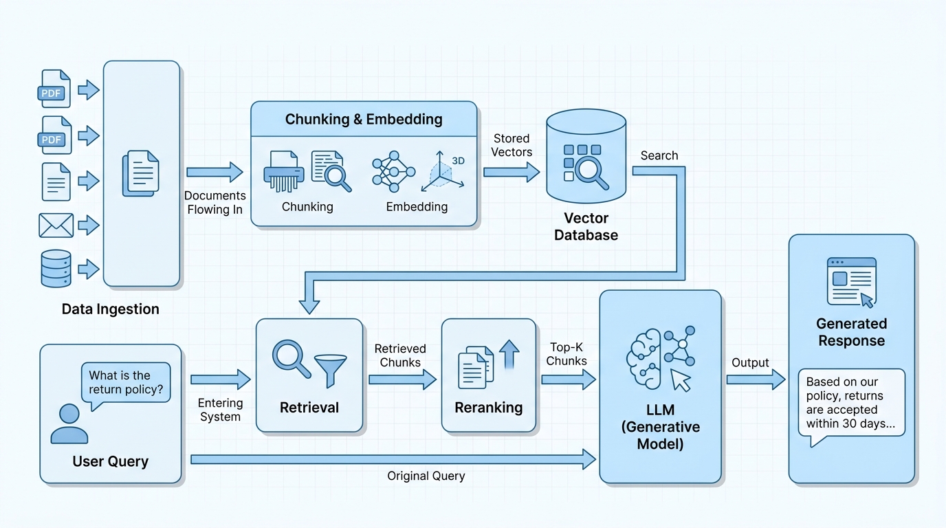 High-level architectural diagram of a Production RAG system showing data ingestion, chunking, embedding, vector database, retrieval, reranking, LLM, and response generation.