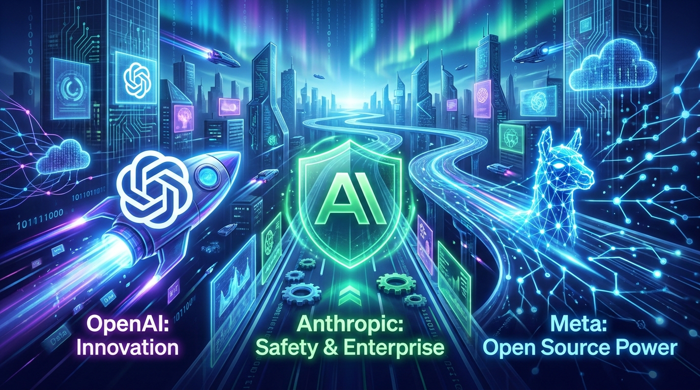 A visual comparison of OpenAI, Anthropic, and Meta in the AI race, highlighting their core strengths: innovation, safety, and open-source.