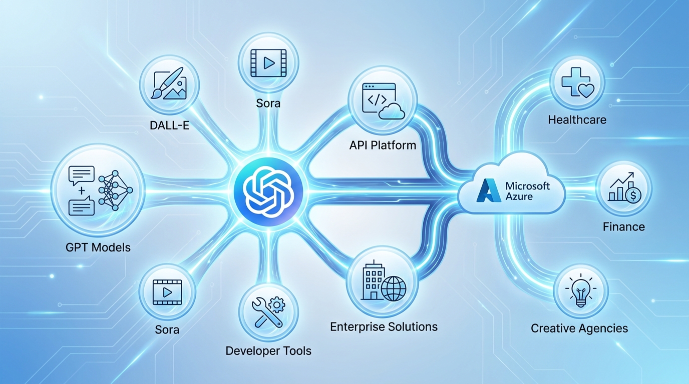 Diagram illustrating OpenAI's expansive ecosystem, including its models, developer tools, and enterprise partnerships with Microsoft Azure.