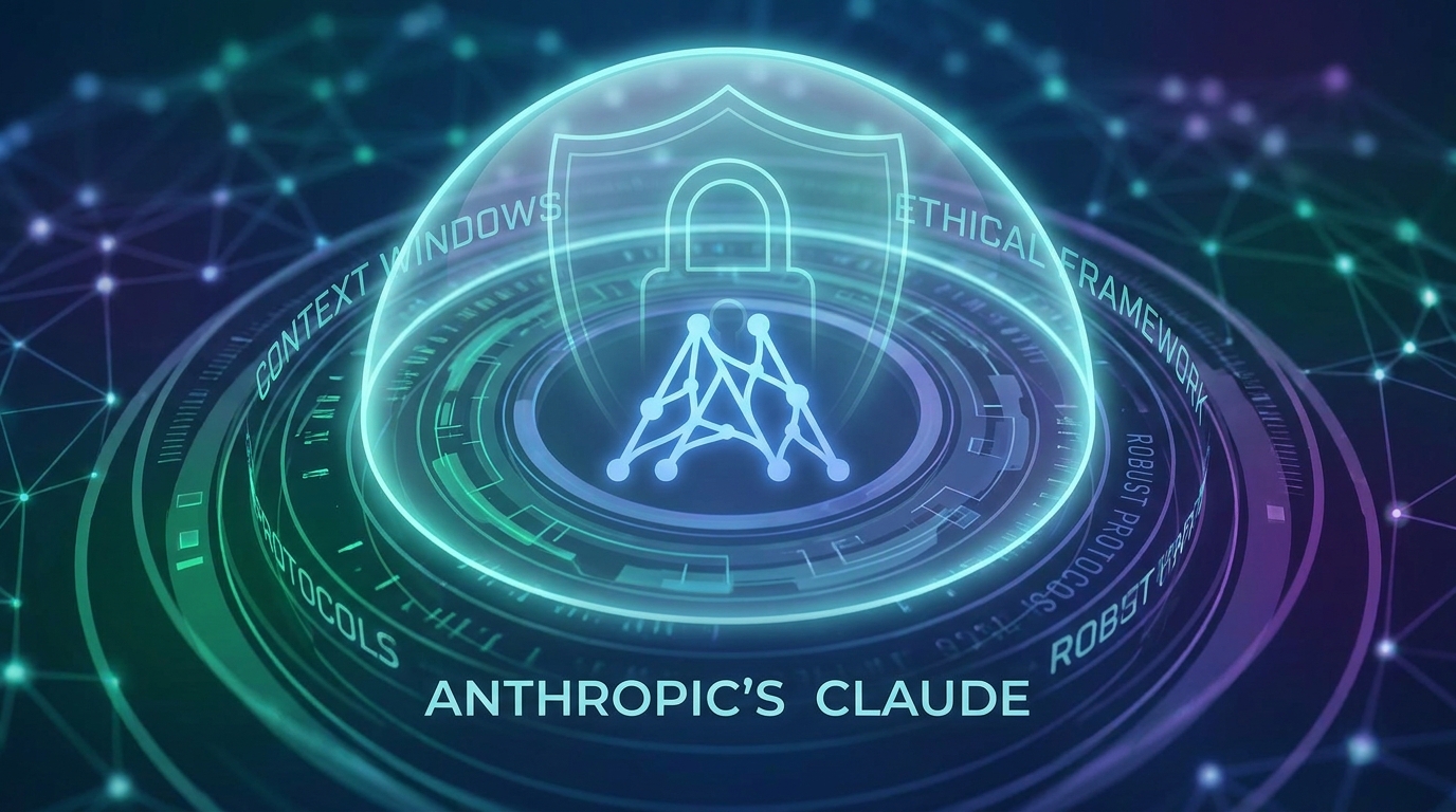 Visual representation of Anthropic's Claude AI, highlighting its large context window and safety-first approach with a protective shield icon.