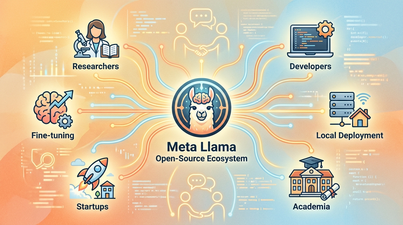 Diagram illustrating Meta's Llama open-source ecosystem, showing its reach across researchers, developers, and various deployment scenarios.