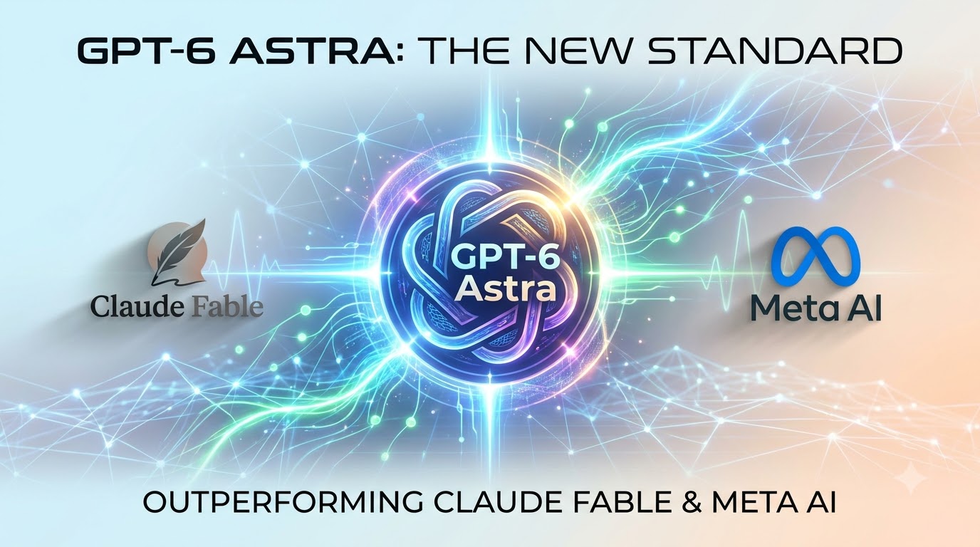 Hero image depicting GPT-6 Astra's advanced capabilities and its superior performance over Claude Fable and Meta AI, with a futuristic network theme.