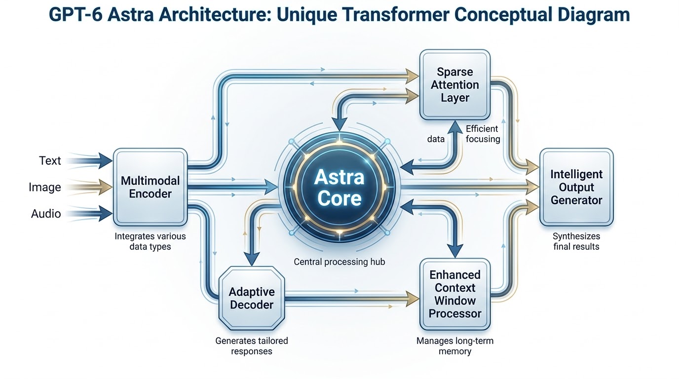 Conceptual diagram illustrating GPT-6 Astra's unique transformer architecture, showing key components and data flow for enhanced performance.