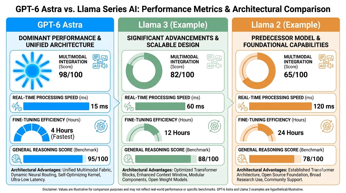 Infographic comparing GPT-6 Astra's performance metrics and architectural advantages against Meta's Llama series AI models.