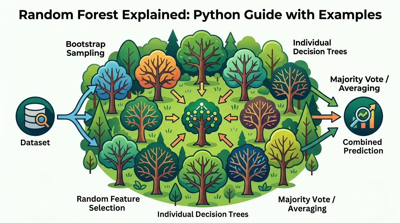 An infographic illustrating the Random Forest concept, showing multiple diverse decision trees combining their predictions for a robust final output.
