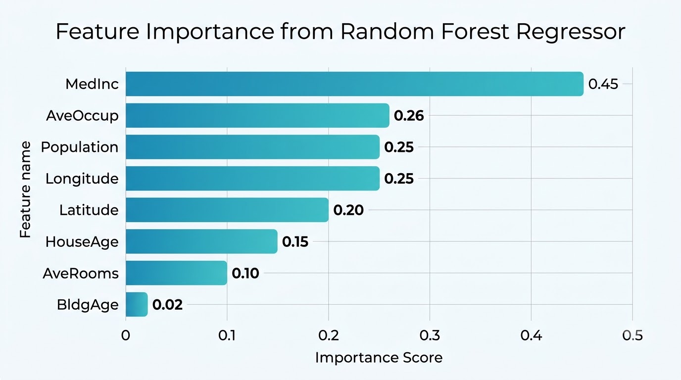 A bar chart displaying feature importance scores derived from a Random Forest Regressor, highlighting the most influential features in the dataset.