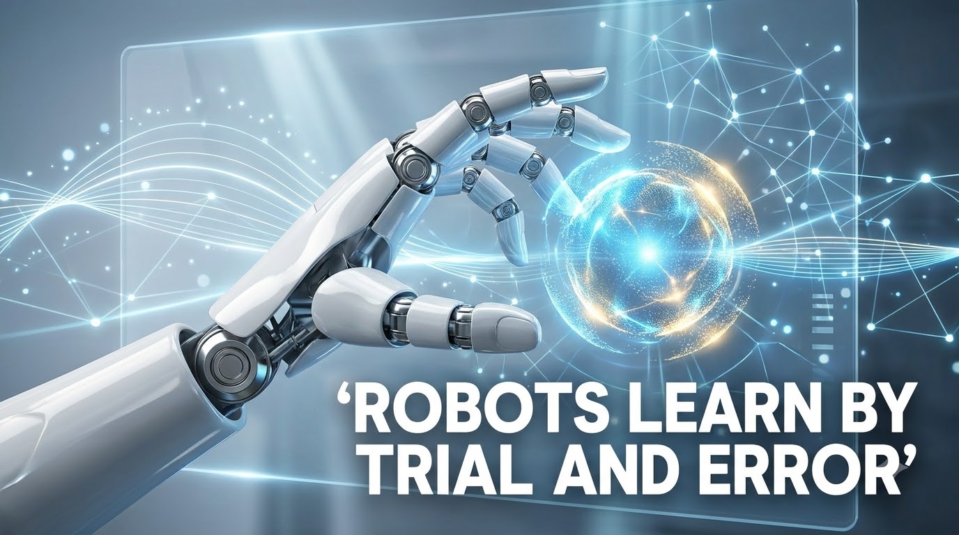 A robotic arm learning through reinforcement learning, reaching for a reward with neural network elements in the background, illustrating trial and error.