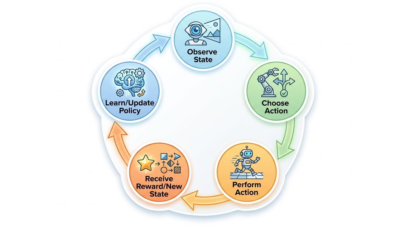 Diagram illustrating the reinforcement learning loop: Observe State, Choose Action, Perform Action, Receive Reward/New State, Learn/Update Policy.