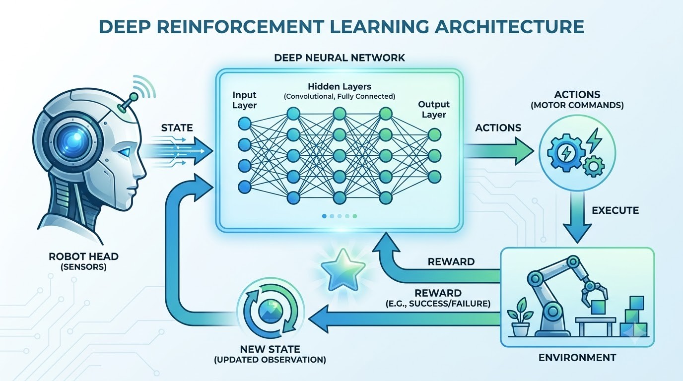 Deep Reinforcement Learning architecture showing sensor data input to a neural network, which outputs actions to the environment, receiving rewards and new states for learning.