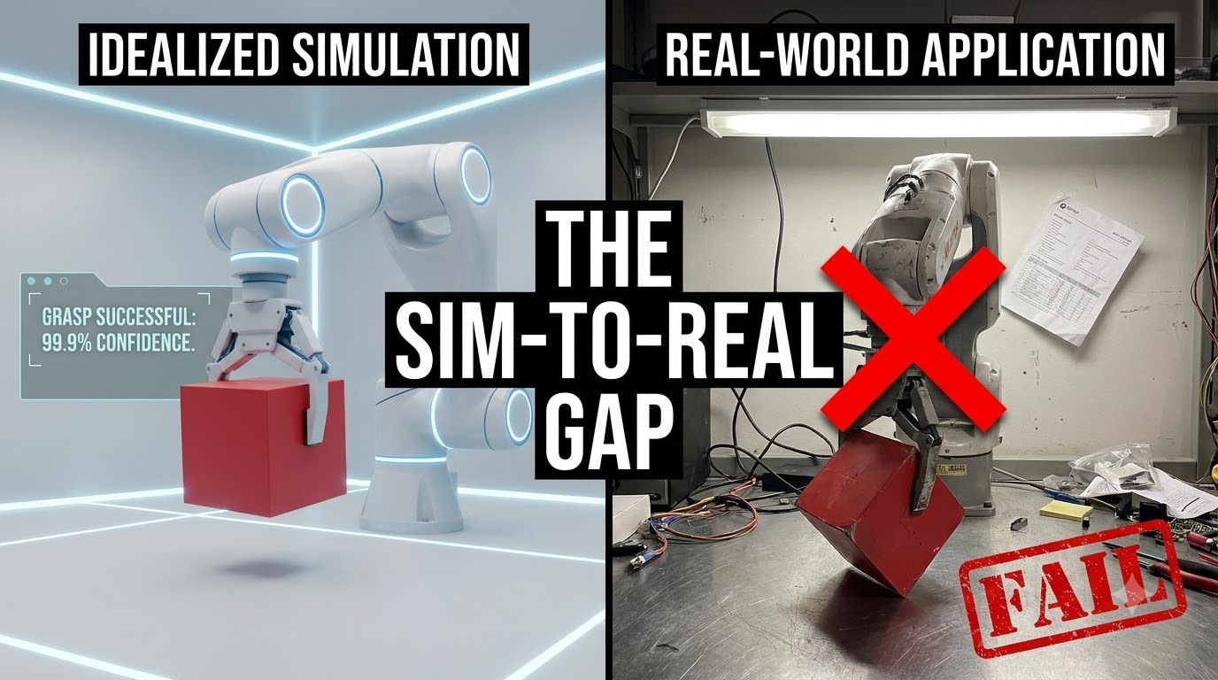 Comparison illustrating the sim-to-real gap, showing a robot successfully performing a task in simulation but failing in the real world due to environmental discrepancies.