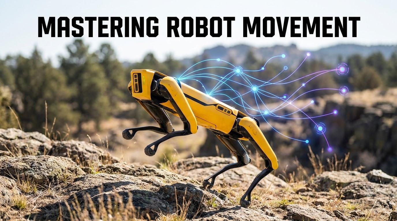 A quadruped robot demonstrating advanced learned locomotion through reinforcement learning on uneven terrain.