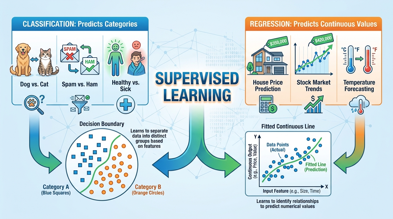 An infographic illustrating supervised learning, showing classification as predicting categories with discrete icons and regression as predicting continuous values with a line graph.