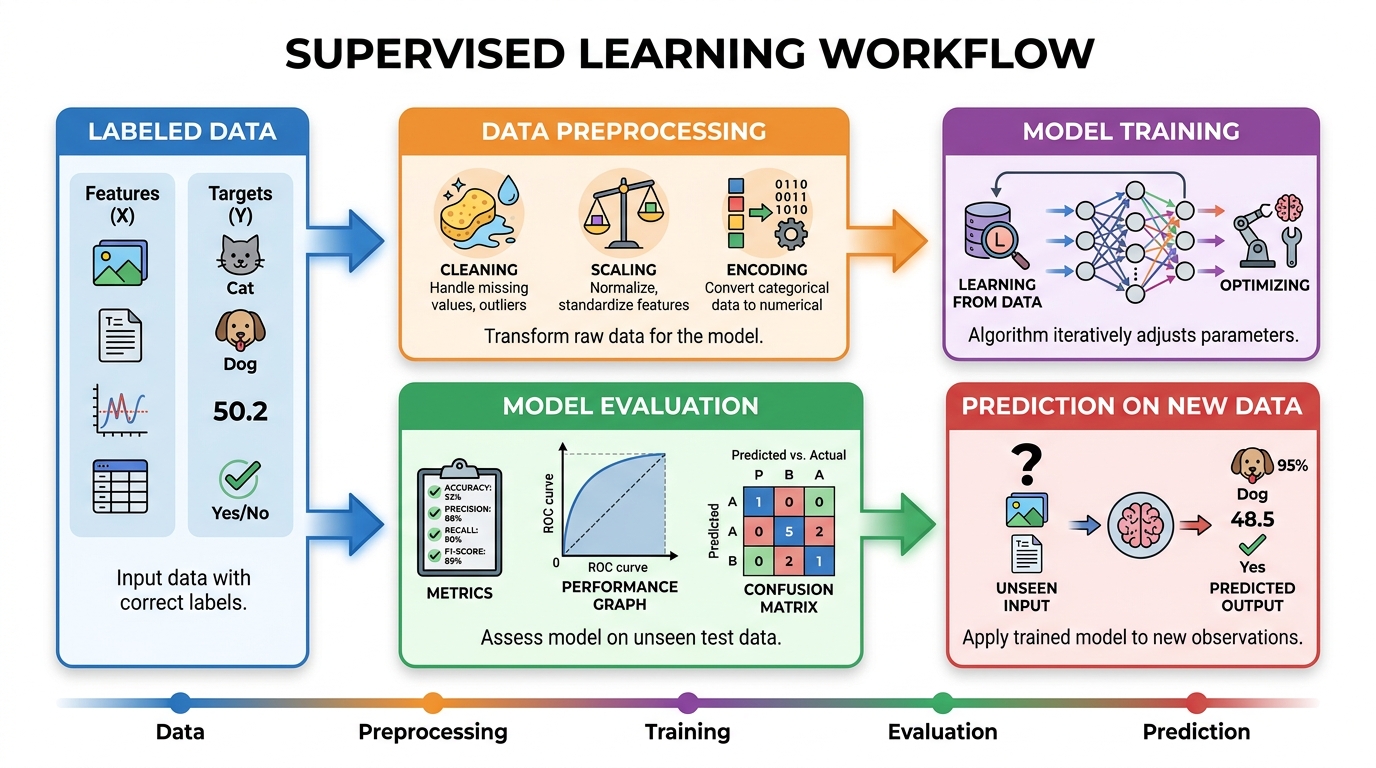 A conceptual diagram illustrating the supervised learning workflow, from labeled data and preprocessing to model training, evaluation, and prediction on new data.