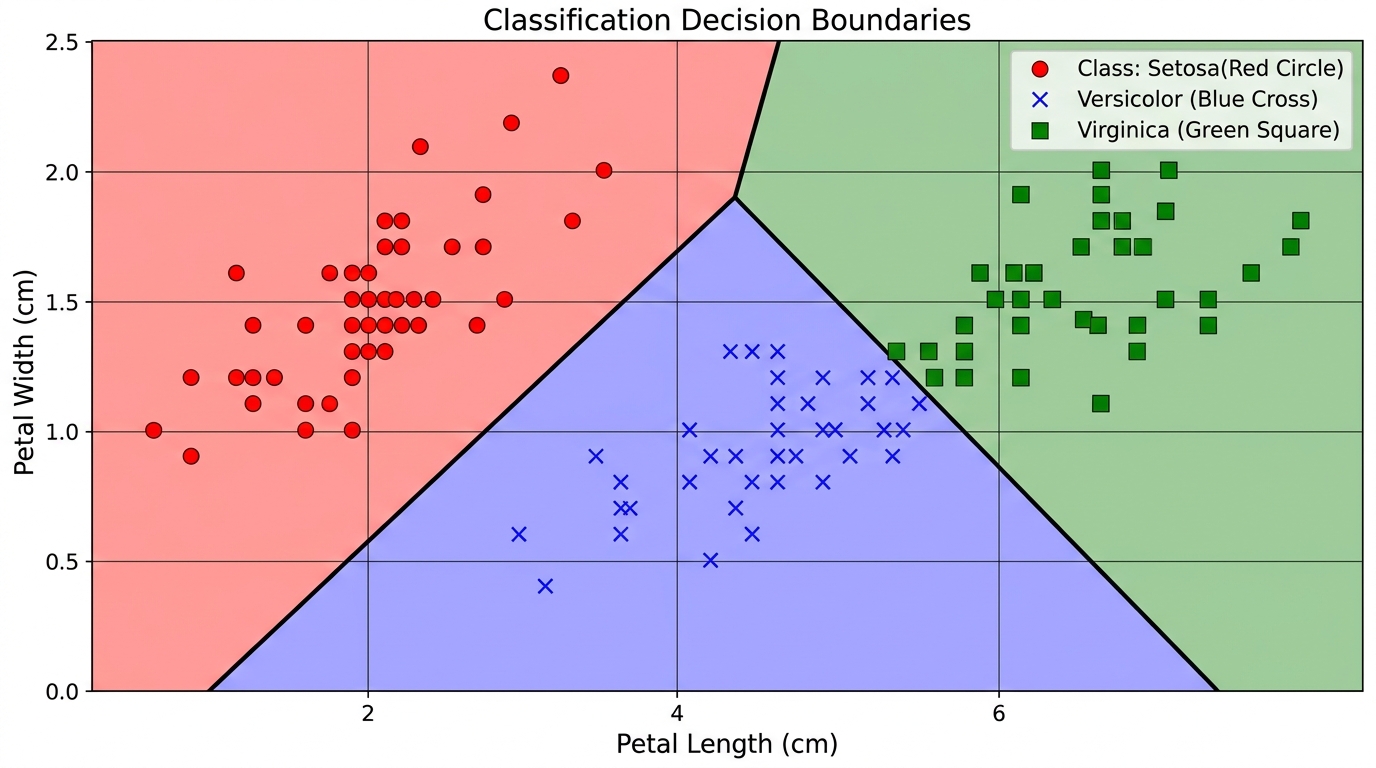 A 2D scatter plot showing three classes of data points (e.g., Iris species) separated by clear decision boundaries, illustrating how a classification model divides the feature space.