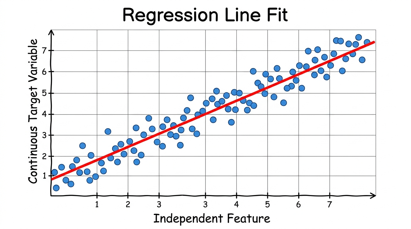 A scatter plot showing data points with a red regression line fitted through them, illustrating how a regression model captures the continuous relationship between features and the target variable.