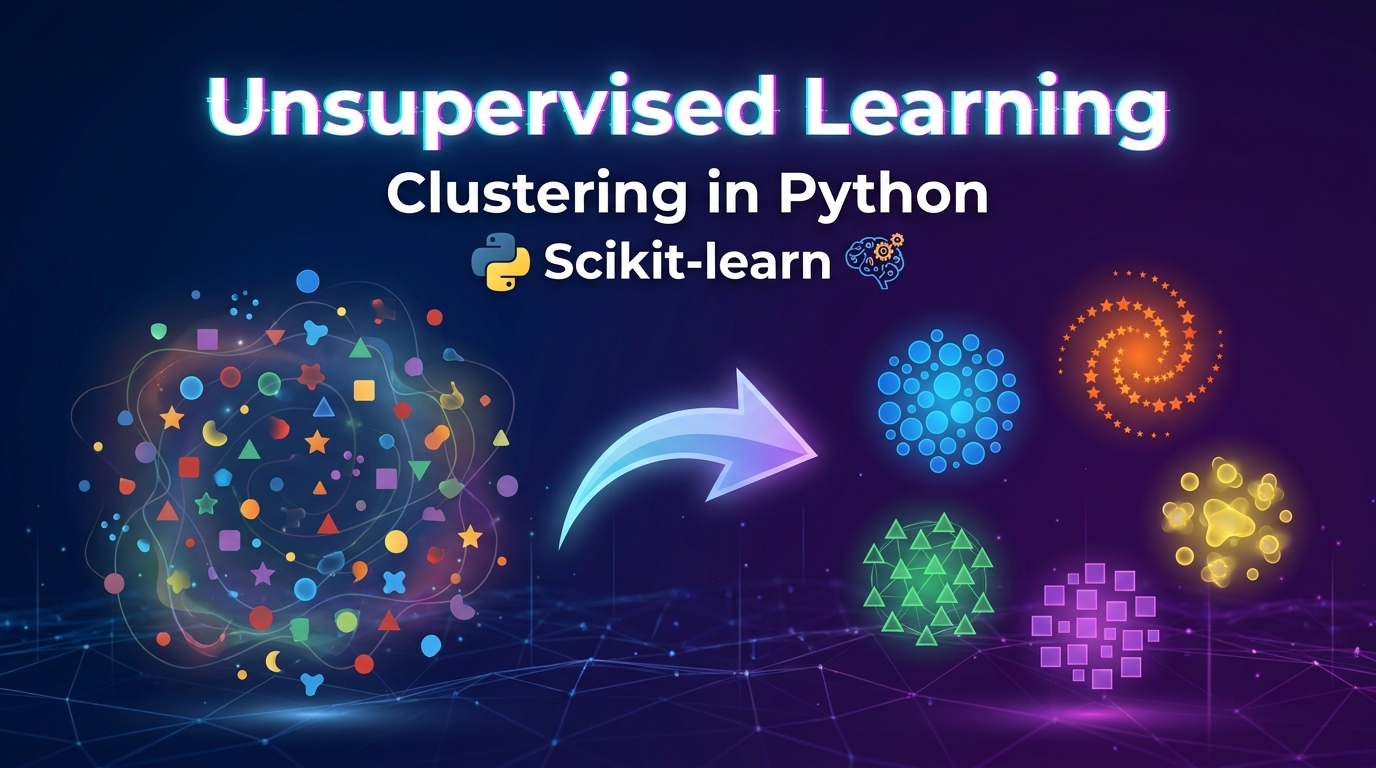 A conceptual diagram showing unorganized data points transforming into distinct, color-coded clusters, representing unsupervised learning and clustering with Scikit-learn in Python.